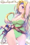  1girl arm_behind_head armor belt blonde_hair blue_eyes blue_headband blush bracer breasts brown_belt celes_chere cleavage cowboy_shot final_fantasy final_fantasy_vi green_background green_leotard headband highres holding holding_sword holding_weapon large_breasts leotard letterboxed long_hair looking_at_viewer multiple_belts one_eye_closed parted_bangs shoulder_armor solo strapless strapless_leotard sweat sword thighs usapenpen2019 wavy_hair weapon 