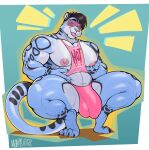  2023 absurd_res anthro big_pecs bulge clothing crouching detailed_bulge eyewear felid hi_res male mammal marlon.cores muscular muscular_male nipples pan_(sxfpantera) pantherine pecs shutter_shades simple_background snow_leopard solo underwear 