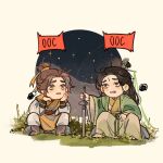  2boys black_hair brown_eyes brown_hair chibi chinese_clothes grass hair_bun hand_on_own_chin highres long_hair multiple_boys night night_sky raccun7 renzha_fanpai_zijiu_xitong rock russian_commentary shang_qinghua shen_qingqiu sitting sitting_on_rock sky speech_bubble squiggle sword weapon 