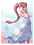  1girl 5tatsu aerith_gainsborough bare_arms bare_shoulders braid braided_ponytail breasts brown_hair cowboy_shot crisis_core_final_fantasy_vii dress facing_to_the_side falling_petals final_fantasy final_fantasy_vii green_eyes hair_ribbon highres long_dress long_hair looking_at_viewer medium_breasts official_alternate_costume parted_bangs parted_lips petals pink_ribbon ribbon sidelocks single_braid solo striped striped_dress sundress twitter_username white_dress 