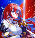  1girl absurdres alear_(female)_(fire_emblem) alear_(fire_emblem) blue_background blue_eyes blue_hair bow cape closed_mouth crossed_bangs fire_emblem fire_emblem_engage gloves hair_between_eyes heterochromia highres holding holding_sword holding_weapon liberation_(fire_emblem) long_hair looking_to_the_side mky_kmy multicolored_hair red_eyes red_hair simple_background solo split-color_hair sword tiara two-tone_hair weapon white_bow 
