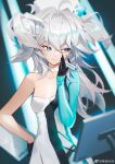  1girl absurdres ahoge black_gloves blue_dress blue_eyes breasts dress fang florence_(girls&#039;_frontline_nc) girls&#039;_frontline girls&#039;_frontline_neural_cloud gloves grey_hair hair_between_eyes hand_on_own_hip hat highres holding holding_syringe long_hair messy mingyin_akn nurse_cap pa-15_(girls&#039;_frontline) single_bare_shoulder skin_fang small_breasts smile solo syringe two-tone_dress white_dress 