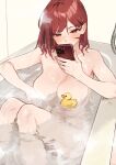  1girl 92m absurdres bath bathing bathtub breasts cellphone completely_nude convenient_censoring feet_out_of_frame highres holding holding_phone indoors kinshi_no_ane large_breasts looking_at_phone no_eyewear nude original partially_submerged phone red_eyes red_hair rubber_duck short_hair sitting smartphone solo water wet wet_hair 