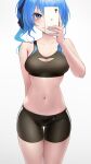  1girl absurdres arm_behind_back bike_shorts black_shorts black_sports_bra blue_hair blue_nails breasts cleavage_cutout clothing_cutout high_side_ponytail highres hololive hoshimachi_suisei navel selfie short_shorts shorts solo somebody_(leiking00) sports_bra stomach thighs virtual_youtuber 