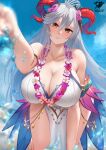  1girl bare_shoulders bikini breasts curled_horns fire_emblem fire_emblem_heroes flower flower_necklace freyja_(fire_emblem) freyja_(summer)_(fire_emblem) goat_horns hair_flower hair_ornament horns huge_breasts kaos_art long_hair looking_at_viewer multicolored_hair official_alternate_costume open_mouth red_eyes red_horns smile swimsuit white_bikini 