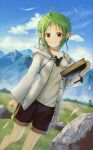  1girl absurdres ahoge black_shorts blue_sky book closed_mouth cloud day elf green_hair highres holding holding_book hood hooded_jacket jacket konbanwa01 mountain mushoku_tensei outdoors pointy_ears red_eyes shirt shorts sky smile solo standing sylphiette_(mushoku_tensei) white_jacket white_shirt 