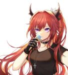  1girl arknights black_choker black_gloves black_shirt choker collarbone commentary_request cross cross_necklace gloves hair_intakes horns jewelry long_hair looking_at_viewer necklace parted_lips purple_eyes qianxiaxiale red_hair shirt short_sleeves simple_background solo surtr_(arknights) surtr_(liberte_echec)_(arknights) upper_body very_long_hair white_background 