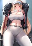  1girl arms_up ass_visible_through_thighs azur_lane bare_shoulders black_jacket blonde_hair blue-tinted_eyewear blush breasts cleavage commentary_request copyright_name eyewear_hang eyewear_removed highres jacket kersaint_(azur_lane) kersaint_(reverent_runner)_(azur_lane) large_breasts long_hair looking_at_viewer manda_(manda9n) navel official_alternate_costume open_clothes open_jacket open_mouth pants presenting_foot red_eyes skindentation solo sports_bra sports_sunglasses sweat tight_clothes tinted_eyewear twintails white_pants white_sports_bra yoga_pants 