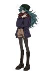  1girl aqua_eyes aqua_hair arm_at_side beanie belt black_belt black_pantyhose blue_jacket boots brown_footwear brown_shorts colored_sclera cross-laced_footwear genderswap genderswap_(mtf) green_headwear grey_sclera hair_between_eyes hand_up hat highres hiyori_sou jacket kimi_ga_shine kimiga_ttd_t0i knee_boots lace-up_boots long_hair long_sleeves pale_skin pantyhose pantyhose_under_shorts red_scarf scarf shorts simple_background solo spiked_hair very_long_hair white_background 