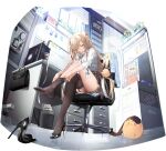  1girl :o absurdres adjusting_clothes adjusting_legwear analog_clock azur_lane bag black_footwear black_thighhighs blonde_hair blue_eyes breasts cabinet calendar_(object) chair cleavage clock coffee_cup collared_shirt computer cup desk disposable_cup english_text feet file_cabinet gorizia_(azur_lane) gorizia_(unrequited_office_love?)_(azur_lane) hair_between_eyes high_heels highres id_card indoors lanyard long_hair manjuu_(azur_lane) mole mole_on_thigh monitor namyo non-web_source official_alternate_costume official_art plaid plaid_skirt poster_(object) shirt sitting skirt sticky_note thighhighs thighs trash_can twintails very_long_hair white_shirt 