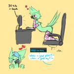  anthro ara_(arathemacaw) ara_(genus) arathemacaw arched_back armwear avian battlefield beak bird blush chair clothing computer feathers furniture gaming girly green_body green_feathers headpat hi_res legwear macaw male military_macaw neotropical_parrot parrot patting praise sketch solo thigh_highs true_parrot 