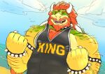  anthro armband baps_fucks~ beach beard body_hair bowser bracelet chest_hair clothing collar facial_hair fist flexing flexing_bicep flexing_both_biceps flowing_hair hair hairy_arms hi_res horn jewelry koopa looking_at_viewer male male/male mario_bros musclegut muscular muscular_anthro muscular_male nintendo nipple_piercing nipples one_eye_closed pecs piercing raised_arm raised_fist scalie seaside shell shirt sketch solo spiked_armband spiked_bracelet spiked_collar spikes tank_top topwear wink winking_at_viewer 
