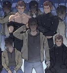  2boys bandaged_hand bandages bara black_coat black_gloves black_hoodie black_pants blonde_hair blue_pants brown_hair brown_jacket chris_redfield closed_mouth coat ethan_winters gloves highres hood hood_down hoodie jacket kalamari large_pectorals male_focus multiple_boys multiple_views muscular muscular_male nipples open_clothes open_coat open_jacket pants pectorals resident_evil resident_evil_village short_hair undressing yaoi 