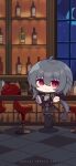  absurdres ahoge bar_(place) bartender black_leggings black_necktie bottle bouquet chibi chinese_commentary crescent cup flower full_body grey_hair hair_between_eyes highres holding holding_cup honkai_(series) honkai_impact_3rd indoors leggings logo long_hair long_sleeves looking_at_viewer moon necktie official_alternate_costume official_art official_wallpaper outstretched_arm raven_(honkai_impact) red_flower smile standing thigh_strap window wine_bottle 