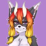  2021 anthro bangs black_nose blonde_hair breasts bust_portrait canid canine canis cel_shading digital_drawing_(artwork) digital_media_(artwork) eyebrows eyelashes female fur gradient_hair grey_body grey_eyebrows grey_fur grey_inner_ear_fluff hair hi_res horn inner_ear_fluff looking_at_viewer mammal nude oneggiri orange_hair outline pink_inner_ear portrait purple_background purple_eyes red_hair shaded simple_background solo tuft white_horn white_outline wolf 