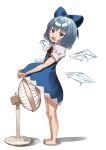  1girl absurdres bare_legs barefoot blue_bow blue_dress blue_eyes blue_hair bow cirno commentary_request dress drooling electric_fan fanning_crotch flat_chest from_side full_body hair_bow highres hot ice ice_wings kanilevel lifted_by_self looking_at_viewer open_mouth petite puffy_short_sleeves puffy_sleeves shadow short_sleeves simple_background solo touhou white_background wings 