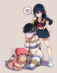  3girls black_hair blush bound breasts collarbone defeat doyagao flat_chest full_body gag gagged glaring highres jakuzure_nonon jam-orbital kidnapped kill_la_kill kiryuuin_satsuki looking_at_viewer matoi_ryuuko miniskirt multicolored_hair multiple_girls pink_eyes pink_hair sailor_collar skirt smug thighhighs two-tone_hair white_thighhighs 