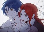  1boy 1girl 3cnfw biting black_coat blood coat daniel_(project_moon) hetero highres kali_(project_moon) lobotomy_corporation long_hair looking_at_viewer neck_biting parted_bangs parted_lips project_moon red_hair red_nails sidelocks simple_background smile sweat upper_body vampire very_long_hair white_background yellow_eyes 