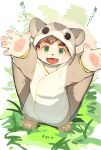  1boy chinese_commentary cosplay fangs furry furry_male grass green_eyes hands_up highres kigurumi looking_at_viewer looking_up male_focus mrshu open_mouth pawpads shima_(tamacolle) solo squirrel_boy squirrel_costume tamacolle translation_request twitter_username 