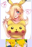  1girl alternate_costume animal_ears blonde_hair blue_eyes blush breasts collarbone crop_top earrings fake_animal_ears hair_over_one_eye heart jewelry large_breasts long_hair mario_(series) photo_inset pikachu pikachu_ears pink_nails pokemon pokemon_ears print_shirt reference_photo rosalina shirt short_sleeves simple_background smile spiked_hair sugarbell tongue tongue_out upper_body 