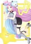  1girl absurdres aqua_hair bare_arms bike_shorts blush boots bow-shaped_hair breasts character_hair_ornament clenched_hands closed_mouth commentary_request grey_footwear grey_vest hair_ornament high_heel_boots high_heels highres iono_(pokemon) long_hair looking_at_viewer multicolored_hair no_jacket pink_hair pokemon pokemon_(game) pokemon_sv smile solo ssaaggwwaa thigh_strap tongue tongue_out twintails two-tone_hair vest 