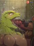  anthro balls bodily_fluids dorohedoro duo genitals glory_hole green_face hi_res humanoid hybrid kaiman_(dorohedoro) male male/male muscular muscular_humanoid muscular_male oral pecs penis saliva scales scalie spikes spikes_(anatomy) 