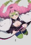  1girl absurdres braid breasts cleavage closed_mouth demon_slayer_uniform gradient_hair green_eyes green_hair green_thighhighs haori highres holding holding_sword holding_weapon japanese_clothes kanroji_mitsuri kimetsu_no_yaiba kiramoti large_breasts long_hair looking_at_viewer mole mole_under_eye multicolored_hair multiple_braids partially_unbuttoned pink_hair ribbed_legwear ribbed_thighhighs smile solo sword thighhighs tri_braids weapon whip_sword 