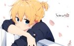  1boy blonde_hair blue_eyes blue_sweater closed_mouth falling_petals fence head_rest highres kagamine_len long_sleeves looking_at_viewer male_focus petals ponytail runoba shirt short_hair signature solo spring_(season) sweater vocaloid white_background white_shirt 