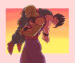  1girl 2boys antennae biceps black_hair black_nails black_pants black_wristband blue_pants blunt_bangs blush blush_stickers boots border carrying carrying_over_shoulder closed_eyes closed_mouth colored_skin commentary_request cowboy_shot dougi dragon_ball dragon_ball_super dragon_ball_super_super_hero father_and_daughter fingerless_gloves fingernails frown gloves green_skin koukyouji multiple_boys muscular muscular_male namekian open_mouth outside_border pan_(dragon_ball) pants piccolo pink_border pointy_ears profile purple_pants red_footwear red_gloves red_sash sash serious shirt short_hair short_sleeves sleep_bubble sleeping smile son_gohan spiked_hair sunset t-shirt u_u v-shaped_eyebrows wristband 