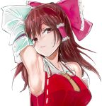  1girl armpits arms_up artist_request ascot blush bow breasts brown_hair collared_dress detached_sleeves dress frills hair_between_eyes hair_ornament hair_tubes hakurei_reimu hands_up highres large_breasts long_hair long_sleeves looking_at_viewer presenting_armpit red_bow red_dress simple_background solo source_request touhou upper_body white_background wide_sleeves yellow_ascot 
