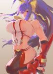  1girl antenna_hair arqa bare_arms bare_shoulders blazblue blue_hair bow breasts fingerless_gloves gloves hair_bow highres holding holding_polearm holding_weapon large_breasts long_hair looking_at_viewer mai_natsume navel polearm ponytail purple_eyes red_gloves simple_background solo spear weapon white_background 