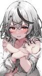  1girl absurdres black_hair blush breasts covering covering_breasts grey_hair hair_ornament hairpin highres hololive large_breasts looking_at_viewer medium_hair multicolored_hair naked_shirt open_mouth red_eyes sakamata_chloe shirt streaked_hair tazrn1 teeth upper_teeth_only virtual_youtuber white_shirt x_hair_ornament 