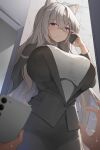  1girl absurdres black_jacket black_skirt blazer breasts cowboy_shot highres jacket jeon-eo_konoshiro large_breasts office_lady original pencil_skirt ribbed_sweater skirt solo_focus sweater taut_sweater turtleneck turtleneck_sweater white_sweater 