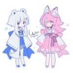  2girls animal_ears asphyxia17 bell blue_eyes blue_footwear blue_skirt cat_ears dress hair_ornament highres japanese_clothes long_hair multiple_girls original pink_dress pink_footwear signature simple_background skirt white_background yellow_eyes 