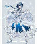  1girl androgynous armor blue_dress blue_hair boots bow braid dress feathered_wings floating_hair full_body grey_background hair_bow hair_wings high_heel_boots high_heels highres holding holding_sword holding_weapon looking_to_the_side original sabuneko2645 standing star_(symbol) star_print sword teardrop two-tone_dress weapon white_dress wide_sleeves wings 