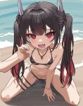  1girl absurdres azur_lane beach bikini black_bikini black_hair breasts colored_inner_hair fellatio_gesture flat_chest hatsuzuki_(azur_lane) highres horns jewelry long_hair looking_at_viewer multi-strapped_bikini_bottom multicolored_hair navel necklace ocean official_alternate_costume open_mouth outdoors pseudo_k red_eyes red_hair sand sitting small_breasts solo swimsuit twintails two-tone_hair wariza 