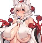  1girl animal_ears areola_slip blush breast_curtain breasts closed_mouth commentary_request gloves highres inubashiri_momiji korean_commentary large_breasts looking_at_viewer nipple_slip nipples red_eyes red_gloves simple_background solo sweatdrop touhou upper_body white_background white_hair wolf_ears wolf_girl zibun_owl 