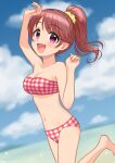  1girl arm_up bikini blue_sky blurry blurry_background blush breasts brown_hair checkered_bikini checkered_clothes cleavage cloud collarbone commentary_request day hand_up highres idolmaster idolmaster_cinderella_girls leg_up long_hair looking_at_viewer medium_breasts navel ocean open_mouth outdoors pink_eyes ponytail red_bikini scrunchie shiina_noriko sky smile solo stomach strapless strapless_bikini swimsuit thighs water_drop wgm_oekaki yellow_scrunchie 