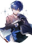  1boy absurdres black_choker black_gloves black_jacket blue_cape blue_hair cape choker dark_blue_hair fingerless_gloves gloves highres jacket long_sleeves looking_at_viewer mahoutsukai_no_yakusoku male_focus red_eyes shino_sherwood short_hair smile solo teeth u-sama_(u_summer0719) white_background 