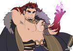  1boy armpit_hair armpits bara chest_tattoo cloak come_hither cowboy_shot crave_saga demon_boy demon_horns facial_hair fire goatee gradient_hair halloween_costume horns huge_eyebrows jewelry large_pectorals looking_at_viewer male_focus masa_(mshk_s) mature_male multicolored_hair multiple_horns muscular muscular_male navel nipples official_alternate_costume pectorals protagonist_(crave_saga) pyrokinesis ring seductive_smile short_hair sideburns sideburns_stubble smile smirk solo stomach tattoo thick_eyebrows tsurime 