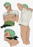  1boy abs absurdres ass bandana bara blush bottomless clenched_teeth cloth_gag clothes_lift collage cropped_legs cropped_shoulders earrings from_side frown gag gagged green_hair highres improvised_gag jewelry large_pectorals looking_away male_focus muscular muscular_male nipples one_piece over_the_mouth_gag pectorals roronoa_zoro shirt_lift short_hair sideburns smokerichi solo stomach teeth thighs underpec undressing 