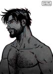  1boy aged_up bad_id bad_tumblr_id bara beard black_hair chest_hair cris_art facial_hair greyscale hairy looking_ahead male_focus marvel mature_male monochrome mustache nipples nude pectorals short_hair sideburns solo thick_eyebrows toned toned_male upper_body wiccan 