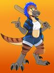  anthro bandela baseball_bat bat_(object) belly black_claws blue_body blue_clothing blue_feathers blue_topwear bottomwear breasts brown_body clawed_fingers claws clothing collared_shirt cutoffs denim denim_clothing digital_drawing_(artwork) digital_media_(artwork) digitigrade dinosaur dromaeosaurid feathered_crest feathered_dinosaur feathers feet female gesture grey_body grey_scales grin head_crest hi_res looking_at_viewer midriff non-mammal_breasts pattern_clothing pattern_topwear plaid plaid_clothing plaid_topwear pointing reptile rindeadsong scales scalie shirt shorts smile solo standing stripes tail tan_belly tank_top teeth theropod thick_thighs toe_claws toes topwear utahraptor white_clothing white_topwear yellow_eyes 