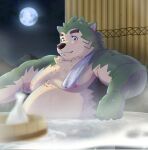  anthro bathing belly blush bucket canid canine canis container domestic_dog eyebrows full_moon fur green_body green_fur hi_res hot_spring lifewonders live_a_hero male mammal mokdai moon night nipples overweight ran_ran_629 solo thick_eyebrows towel water 