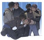  2boys bandaged_hand bandages bara belt black_coat black_gloves black_hair black_pants black_shirt blonde_hair blue_pants blush brown_belt brown_jacket chris_redfield closed_eyes clothes_lift coat ethan_winters facial_hair gloves groping hand_under_clothes highres jacket kalamari kiss large_pectorals looking_at_another male_focus multiple_boys muscular muscular_male navel one_eye_closed open_clothes open_coat open_jacket pants pectorals resident_evil shirt shirt_lift short_hair smile yaoi 