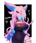  anthro big_breasts breasts cleavage clothed clothing dress ear_piercing ear_ring eeveelution espeon female forehead_gem forked_tail generation_2_pokemon hair hi_res nintendo piercing pink_hair pokemon pokemon_(species) purple_eyes ring_piercing simple_background solo tail text thigh_belt togetoge unusual_anatomy unusual_tail 