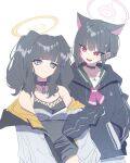  2girls absurdres animal_ears biohazard_symbol black_camisole black_choker black_hair black_hoodie black_jacket blue_archive blue_eyes camisole cat_ears choker closed_mouth collar colored_inner_hair dog_ears extra_ears hair_ornament hair_ribbon hairclip halo hand_in_pocket hibiki_(blue_archive) highres hood hooded_jacket hoodie jacket jacket_partially_removed kazusa_(blue_archive) long_sleeves looking_at_another multicolored_hair multiple_girls neckerchief open_clothes open_jacket open_mouth pink_eyes pink_hair pink_neckerchief purple_collar red_eyes ribbon sailor_collar school_uniform short_hair simple_background smile sumutemu two-tone_hair upper_body white_background 