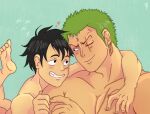  2boys arms_around_neck bara black_eyes black_hair blush dark-skinned_male dark_skin earrings eye_contact gold_earrings grabbing green_background green_hair heart highres jewelry laughing looking_at_another male_focus monkey_d._luffy multiple_boys muscular muscular_male nude one_piece paparatsy pectoral_grab pectorals roronoa_zoro scar scar_across_eye scar_on_cheek scar_on_chest scar_on_face short_hair sideburns size_difference smile sound_effects toned toned_male upper_body yaoi 