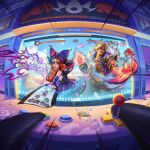  1boy 1girl animal_ears arcade bare_shoulders black_dress blonde_hair brown_hair cloud detached_sleeves dress fire grey_hair gwen_(league_of_legends) holding holding_scissors league_of_legends looking_at_viewer official_art red_eyes scissors sett_(league_of_legends) short_hair shoulder_spikes soul_fighter_gwen soul_fighter_sett spikes teamfight_tactics 