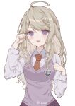  1girl :d ahoge akamatsu_kaede backpack bag blonde_hair breasts brown_necktie collared_shirt danganronpa_(series) danganronpa_v3:_killing_harmony hair_ornament highres large_breasts long_hair long_sleeves luna_(luna610) musical_note musical_note_hair_ornament musical_note_print necktie open_mouth pink_eyes pink_vest purple_skirt shirt skirt smile solo vest white_shirt 